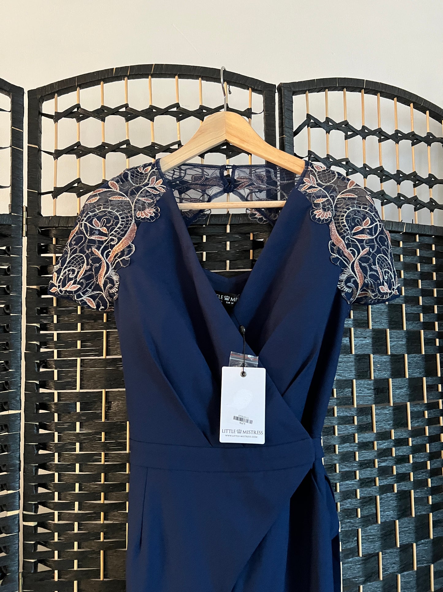 Little Mistress Jumpsuit Navy Blue with cream and blue shoulder lace detail New with tag Size S