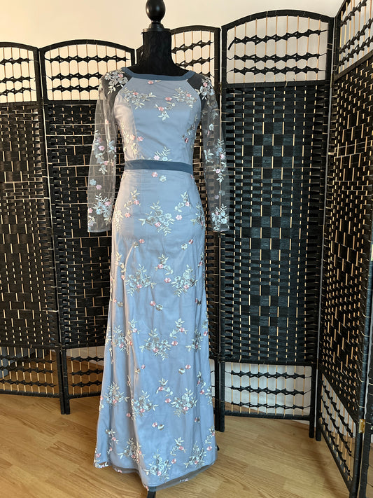 Chi-chi London Dusty Blue Occasion Long Dress/ Long Sleeve Dainty Floral Detail Pre-owned Size XS/S
