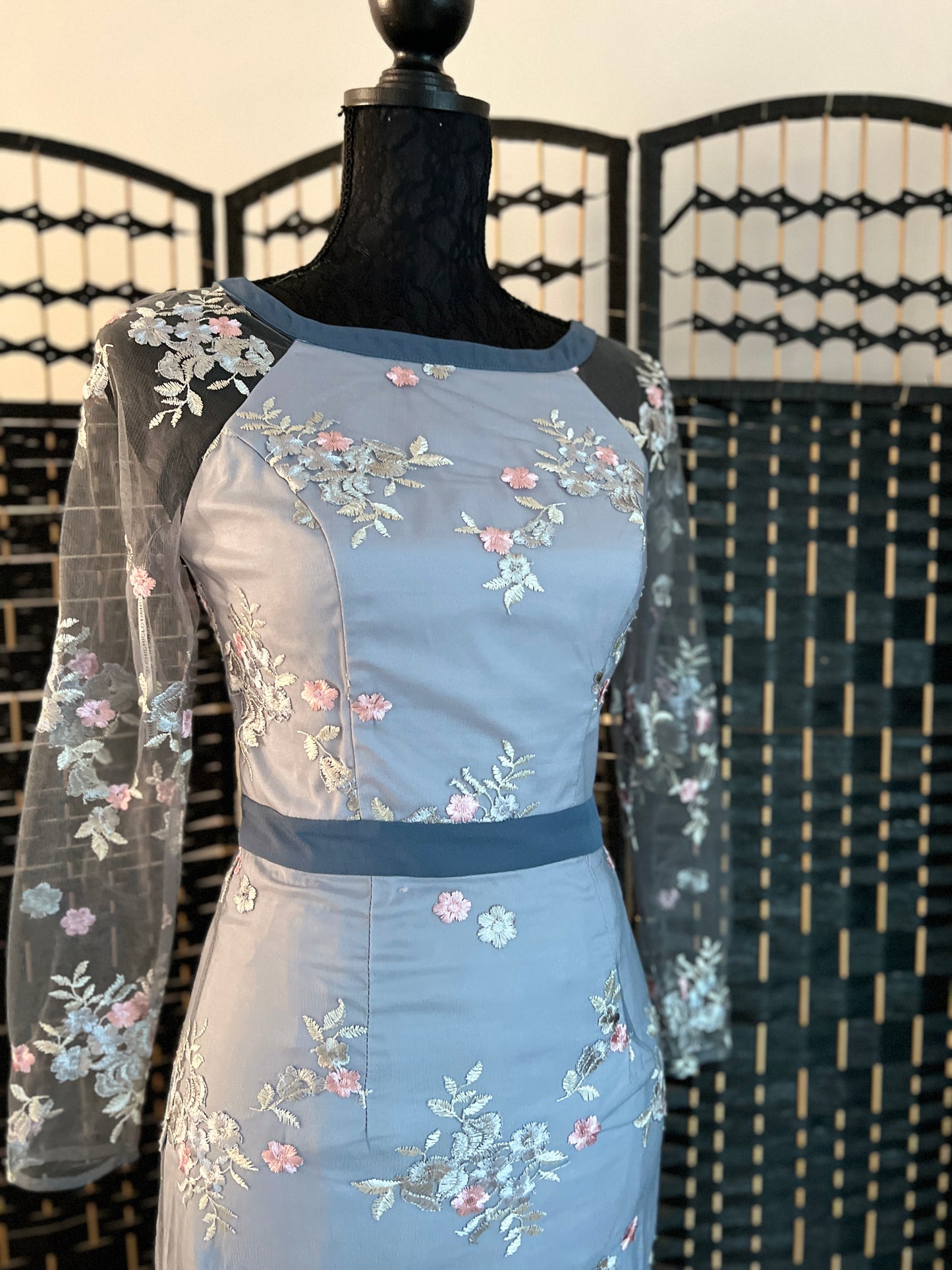 Chi-chi London Dusty Blue Occasion Long Dress/ Long Sleeve Dainty Floral Detail Pre-owned Size XS/S