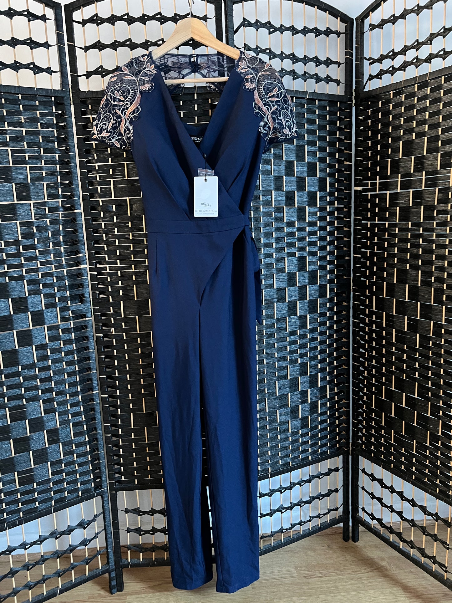 Little Mistress Jumpsuit Navy Blue with cream and blue shoulder lace detail  New with tag Size S
