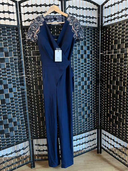 Little Mistress Jumpsuit Navy Blue with cream and blue shoulder lace detail  New with tag Size S