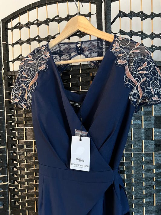 Little Mistress Jumpsuit Navy Blue with cream and blue shoulder lace detail New with tag Size S