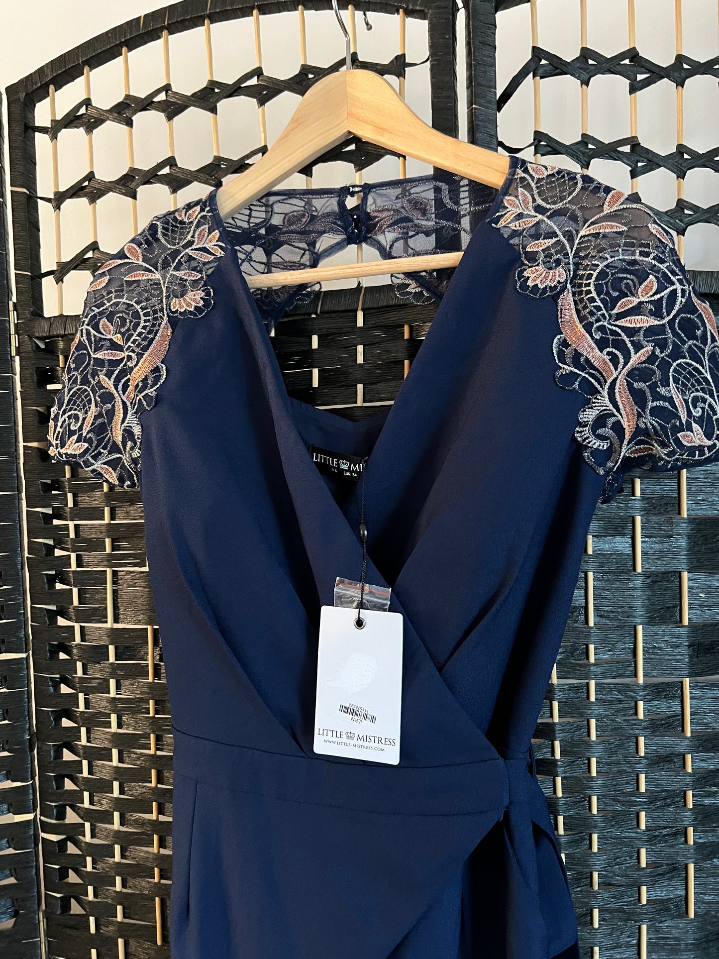 Little Mistress Jumpsuit Navy Blue with cream and blue shoulder lace detail  New with tag Size S