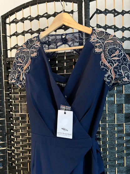 Little Mistress Jumpsuit Navy Blue with cream and blue shoulder lace detail  New with tag Size S