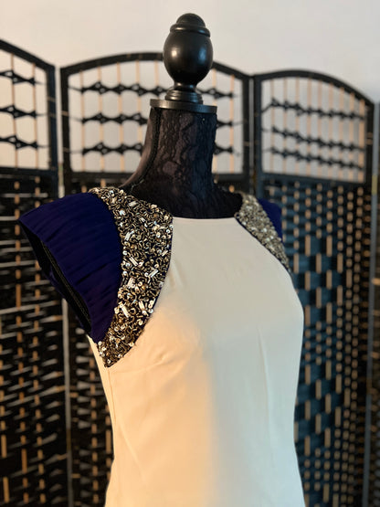 Little Mistress Cream/Beige Evening Dress with Navy and Gold Embellishment, Used once Size S/M