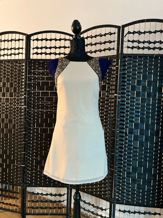 Little Mistress Cream/Beige Evening Dress with Navy and Gold Embellishment, Used once Size S/M