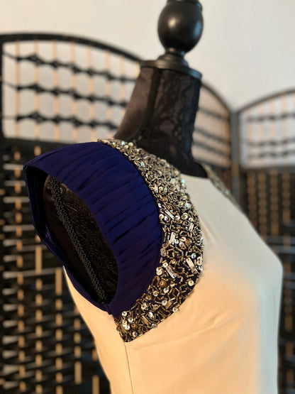 Little Mistress Cream/Beige Evening Dress with Navy and Gold Embellishment, Used once Size S/M