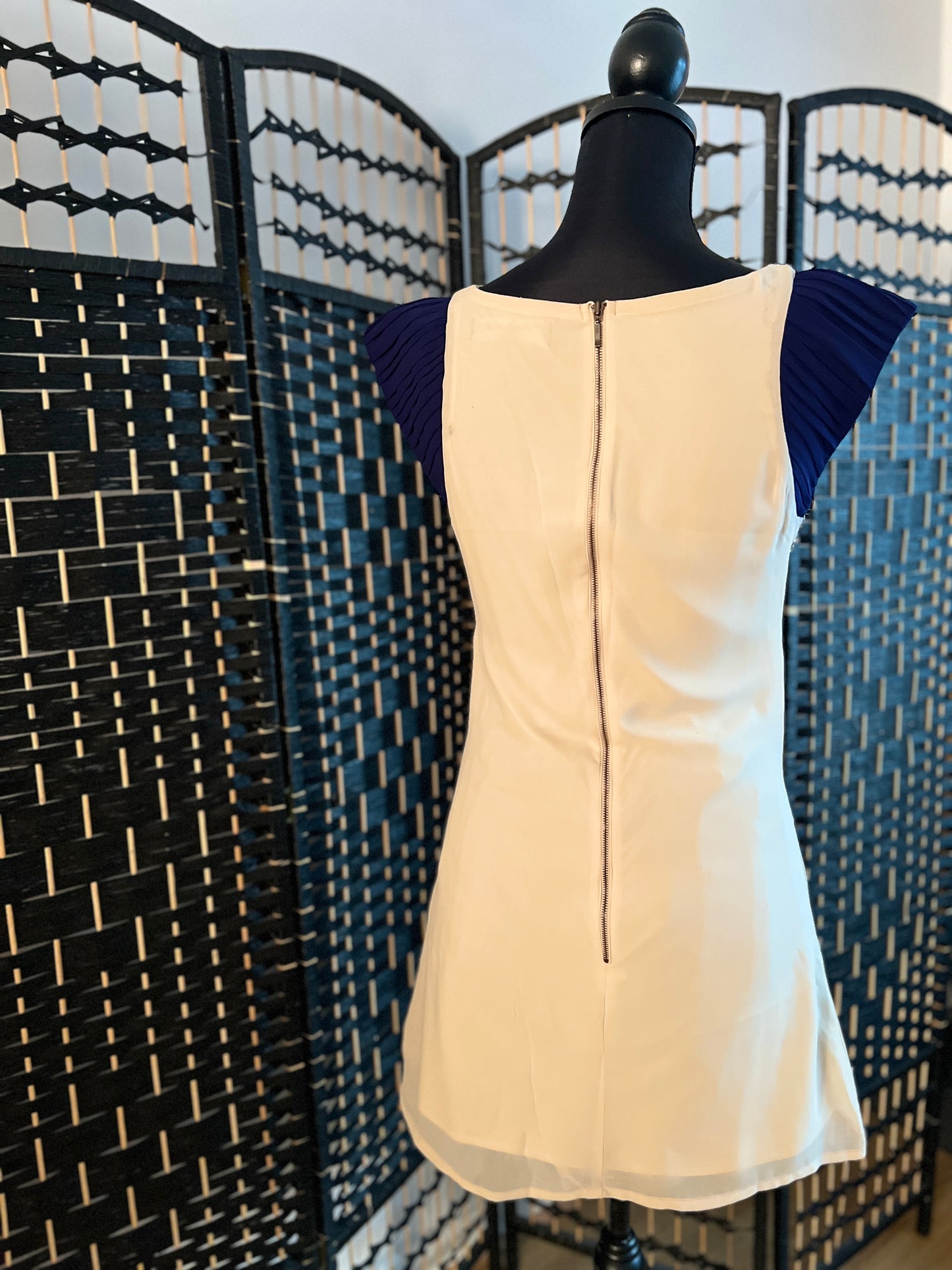 Little Mistress Cream/Beige Evening Dress with Navy and Gold Embellishment, Used once Size S/M