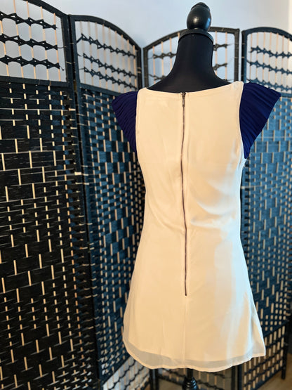 Little Mistress Cream/Beige Evening Dress with Navy and Gold Embellishment, Used once Size S/M