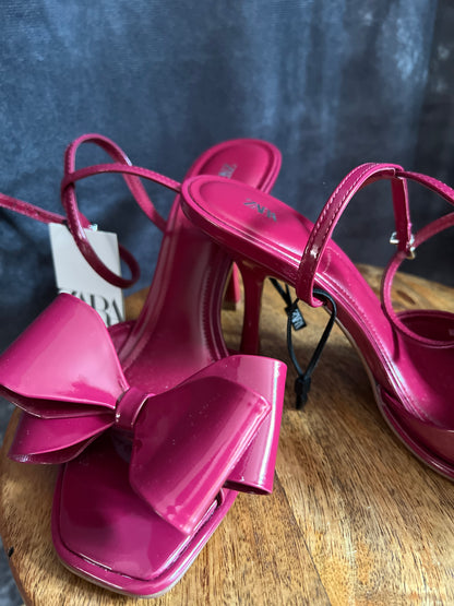 ZARA Strappy Heel Shoes with a Big Bow Accent Deep Pink New Size 9 UK
