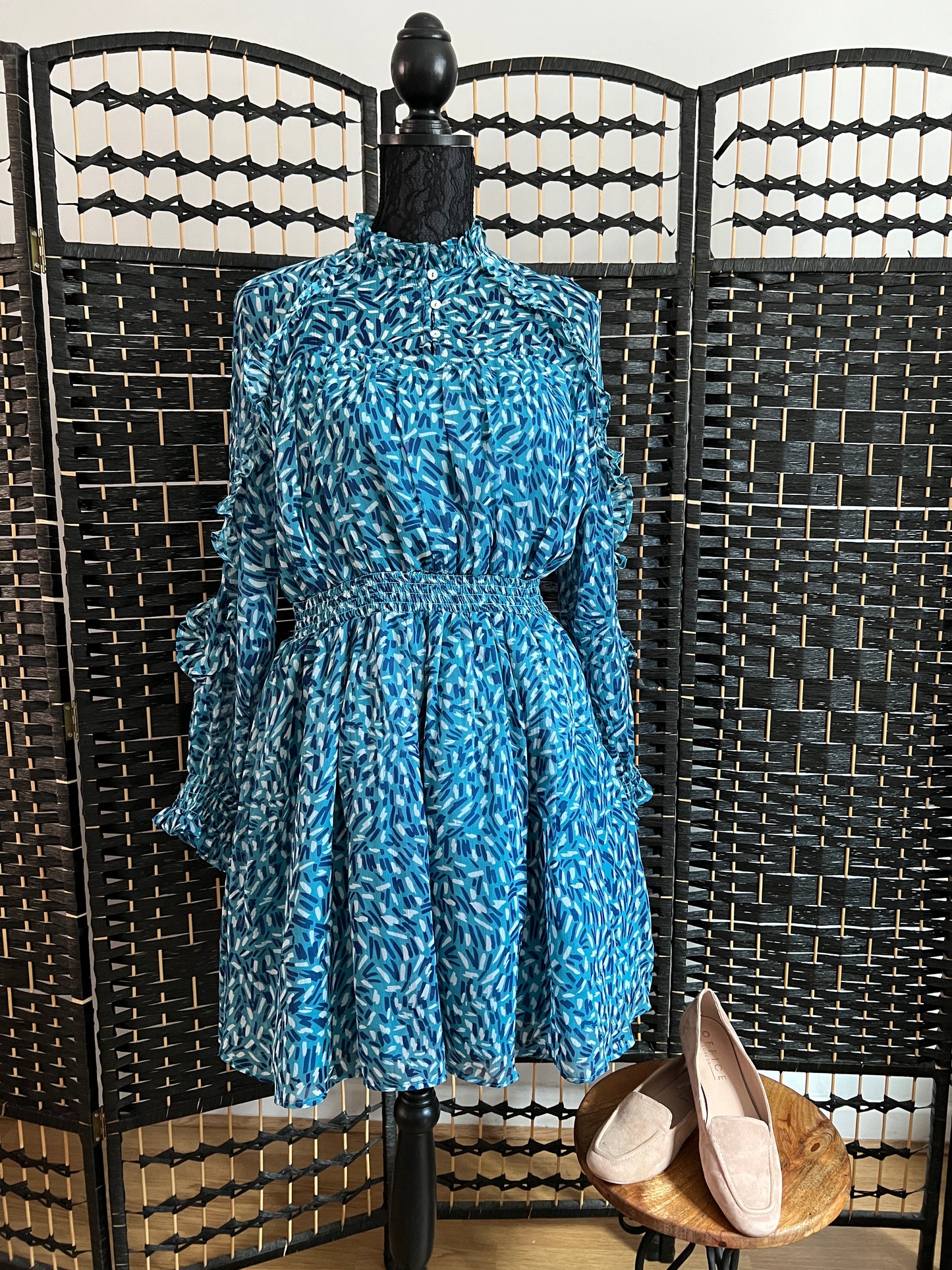 French Connection Teal Blue Dress with Pattern Used once Size S/M