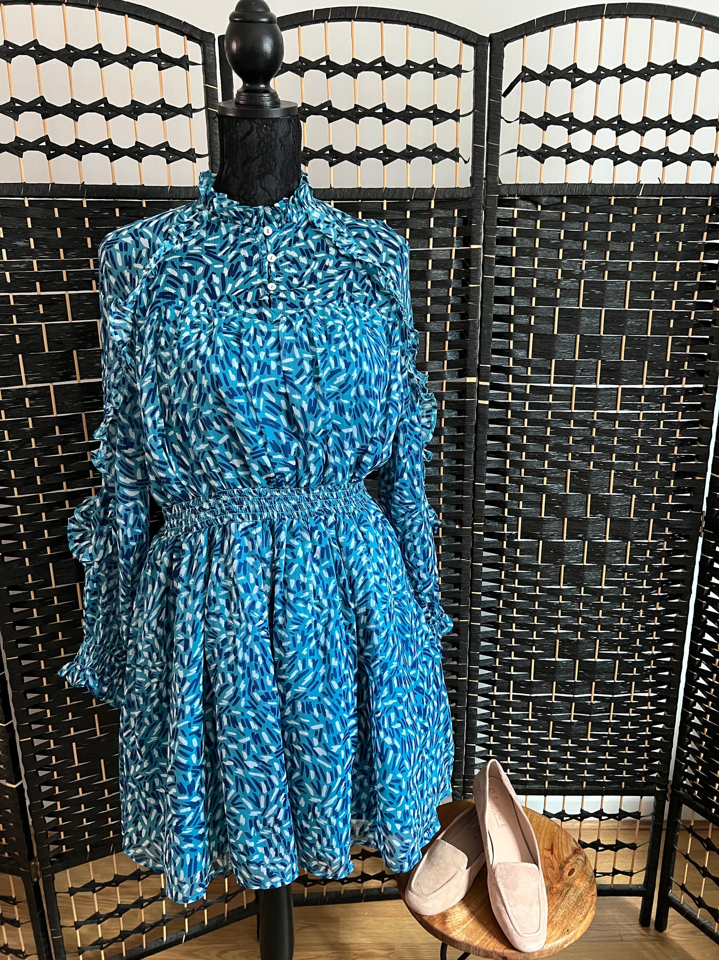 French Connection Teal Blue Dress with Pattern Used once Size S/M