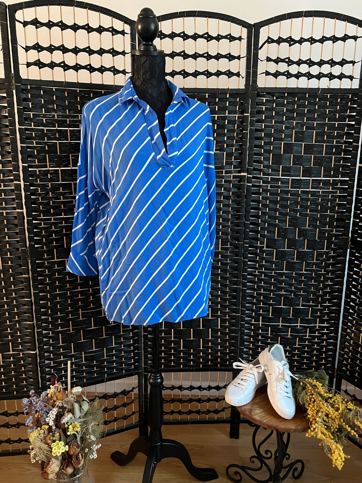 Stradivarius Blue Stripe Long Sleeve Relaxed Polo Shirt Size S