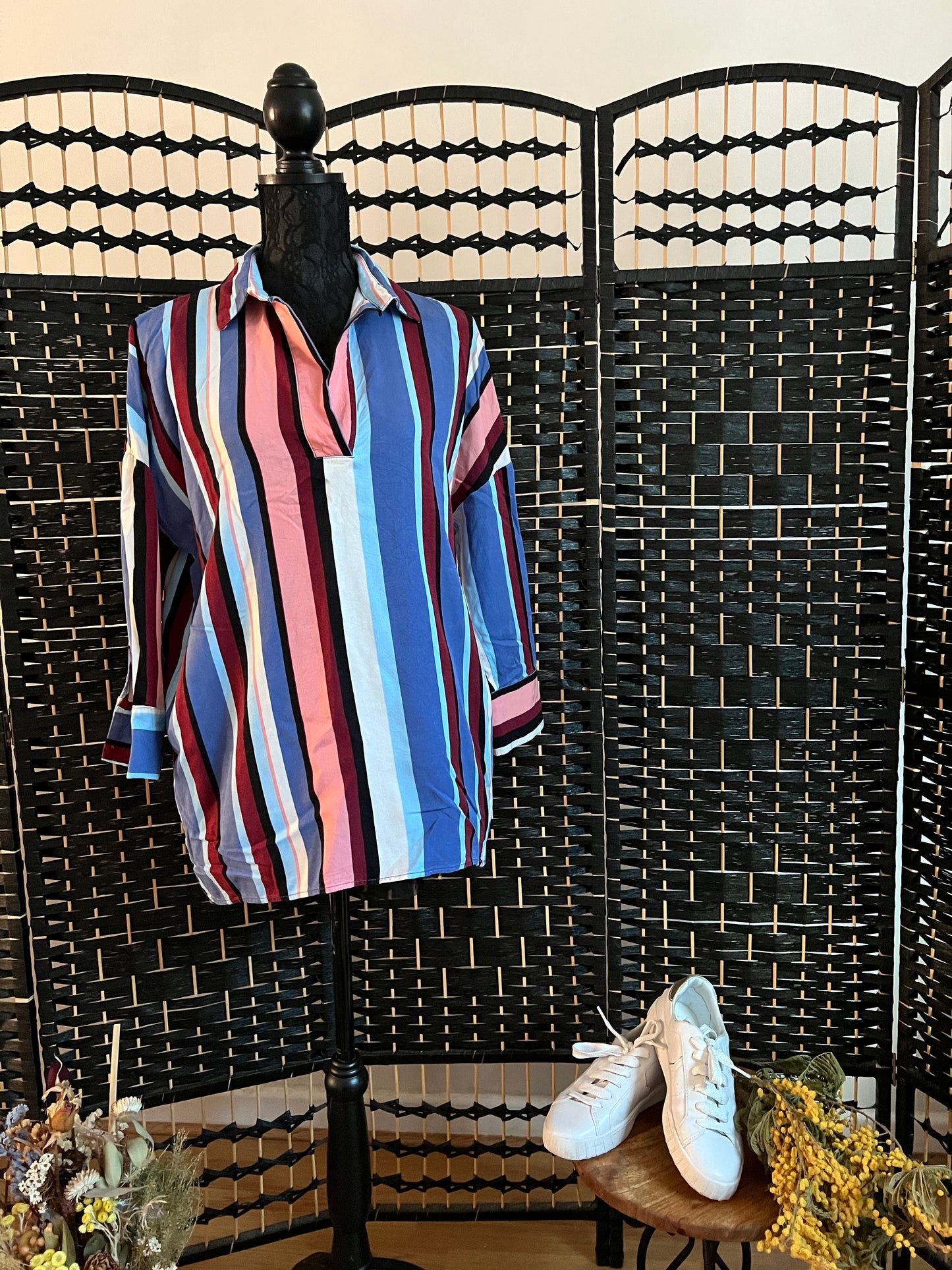 Stradivarius Blue/Pink/Maroon Stripe Long Sleeve Relaxed Polo shirt, Pre-owned Size S