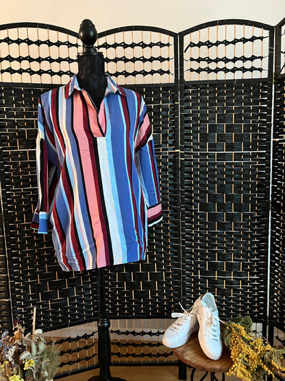 Stradivarius Blue/Pink/Maroon Stripe Long Sleeve Relaxed Polo shirt, Pre-owned Size S
