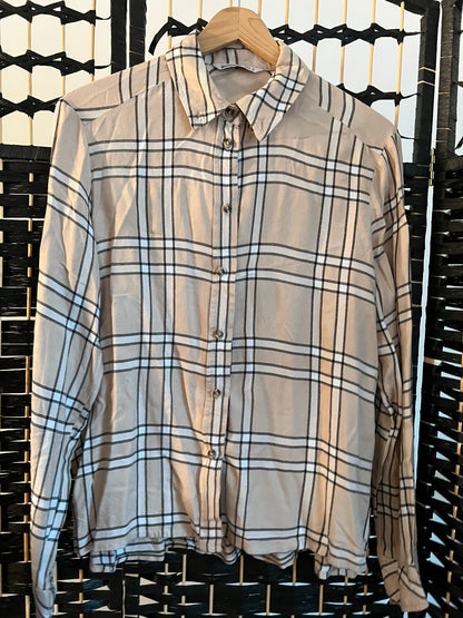 Stradivarius Beige/Nude Cotton Long sleeve Checkered Polo Shirt Used once Size M