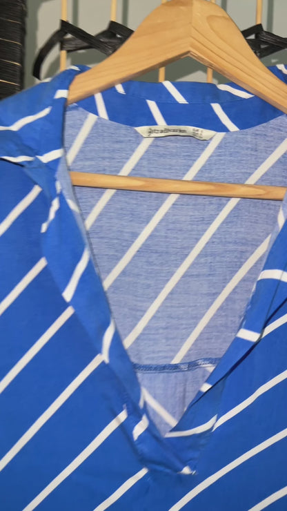 Stradivarius Blue Stripe Long Sleeve Relaxed Polo Shirt Size S