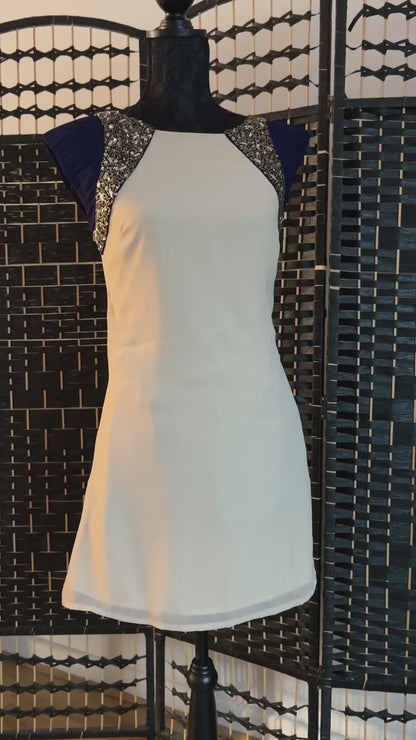 Little Mistress Cream/Beige Evening Dress with Navy and Gold Embellishment, Used once Size S/M